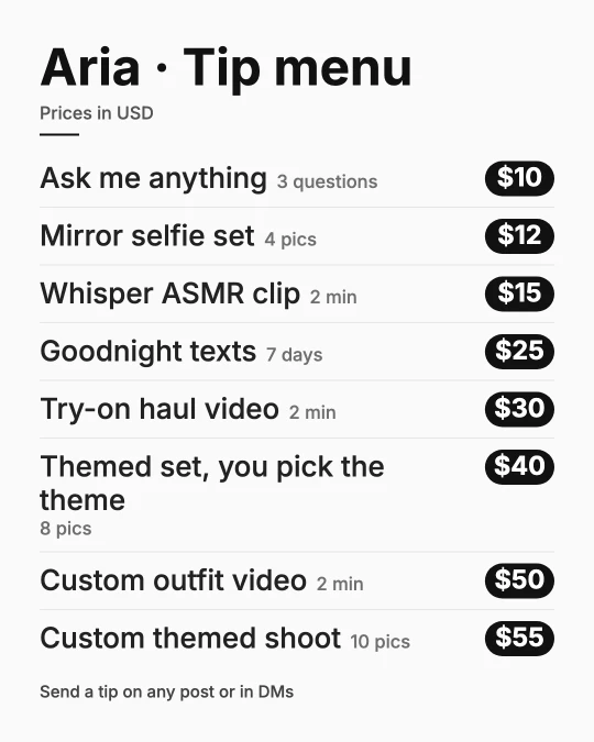 Clean Minimal OnlyFans tip menu template