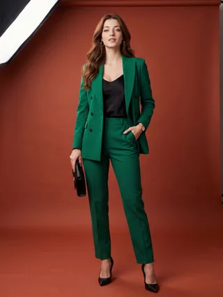 Nano Banana 2 example 1: woman in an emerald pantsuit in a photo studio