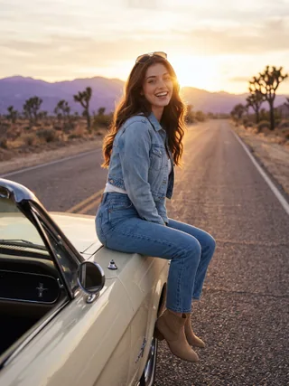 Nano Banana 2 example 2: woman on a vintage convertible in the desert at golden hour
