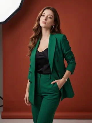 Nano Banana Pro example 1: woman in an emerald pantsuit in a photo studio