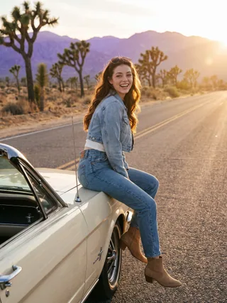 Nano Banana Pro example 2: woman on a vintage convertible in the desert at golden hour