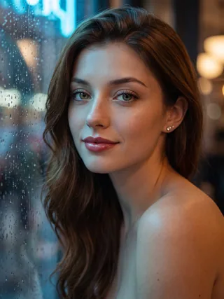 Nano Banana Pro example 3: close-up of a woman by a rainy cafe window at night
