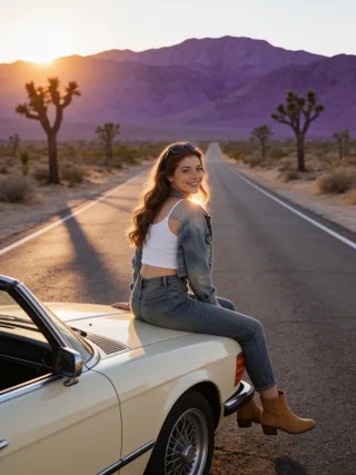 Seedream 4.5 example 2: woman on a vintage convertible in the desert at golden hour